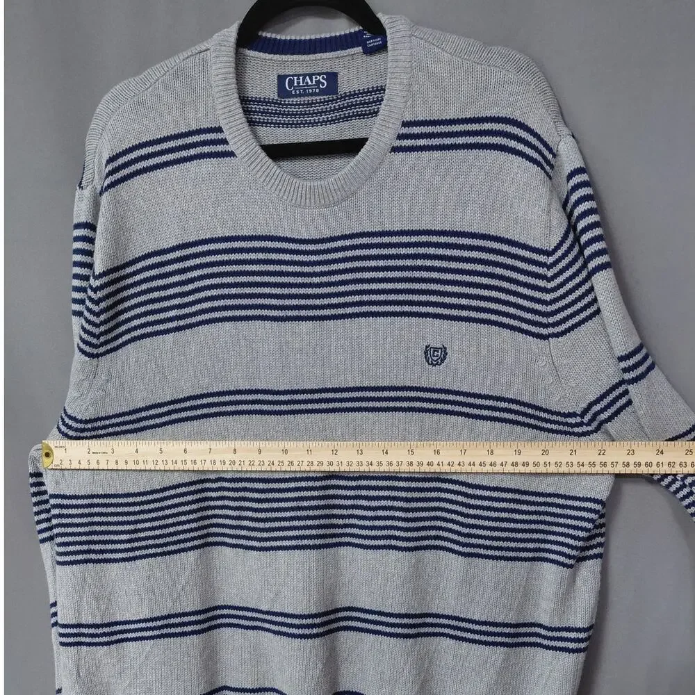 6LS9 Chaps Gray Blue Striped Crewneck Pullover Sweater Men Size XL